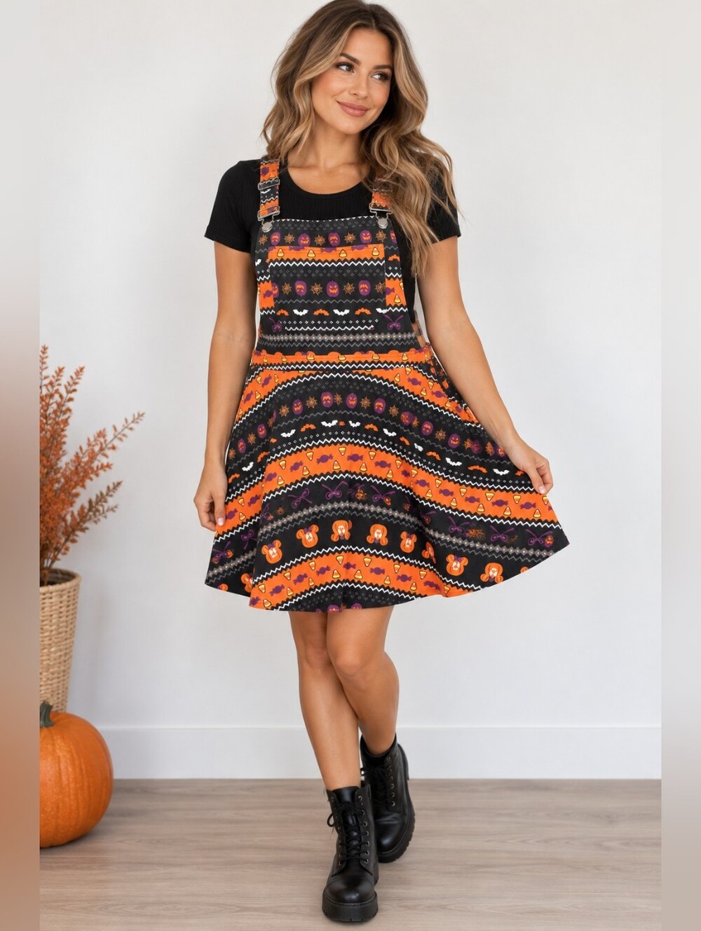 Disney Her Universe Halloween Mickey Pumpkin Candy Corn Overall Dress Skirt L